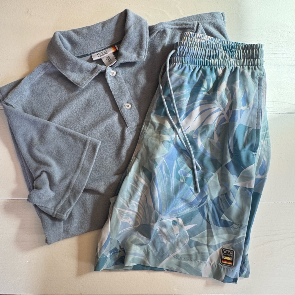 NWOT men’s C&C California Men’s Swim Set Blue Terry Cloth Polo + Lined trunks